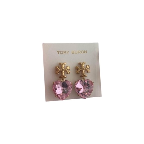 Tory Burch Pink Crystal Heart Drop Earrings – Gold Tone – Valentine’s Day - Picture 2 of 3